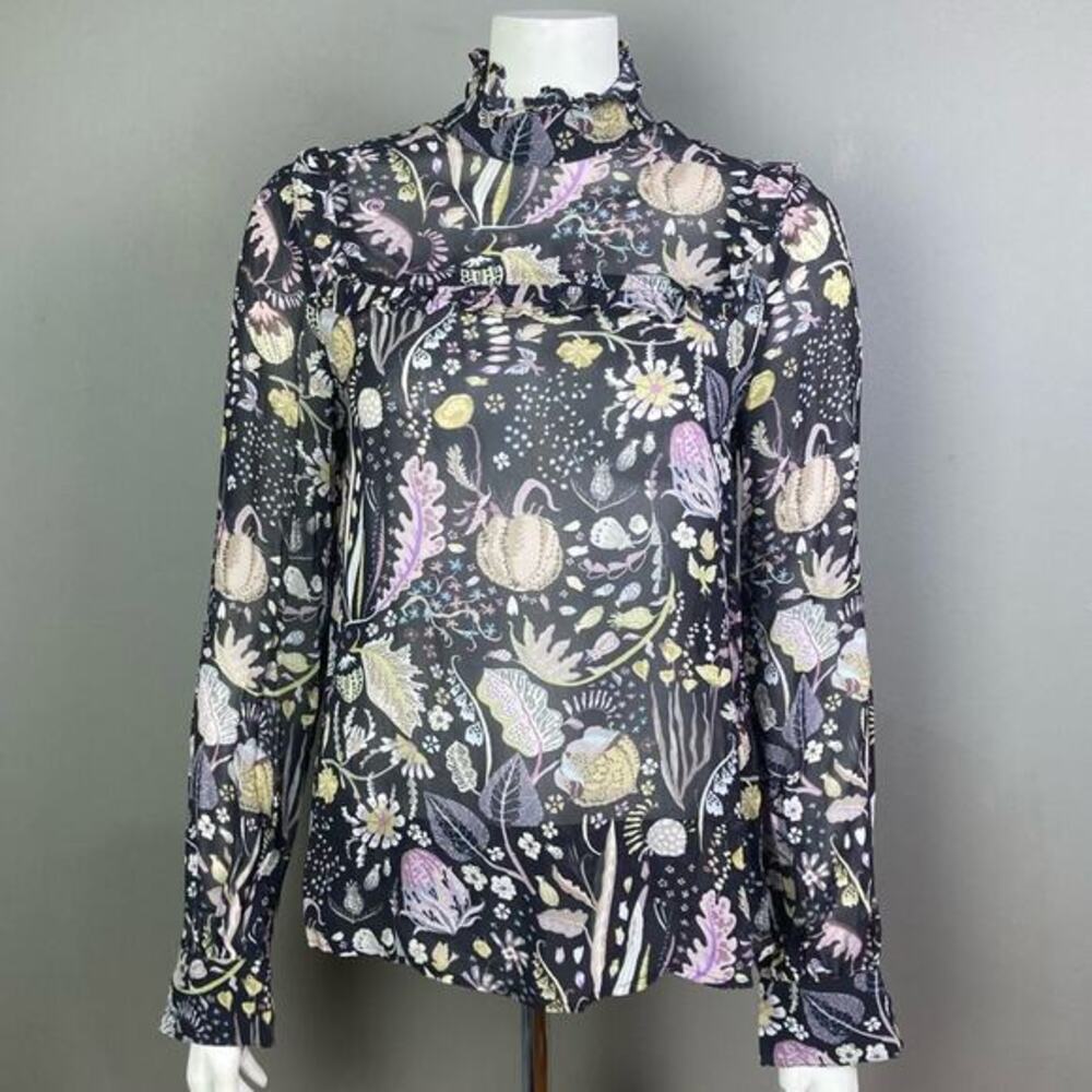 Jill‎ Stuart Top Size 6 Long Sleeve NEW Black Multi Nature birds pumpkin Witchy